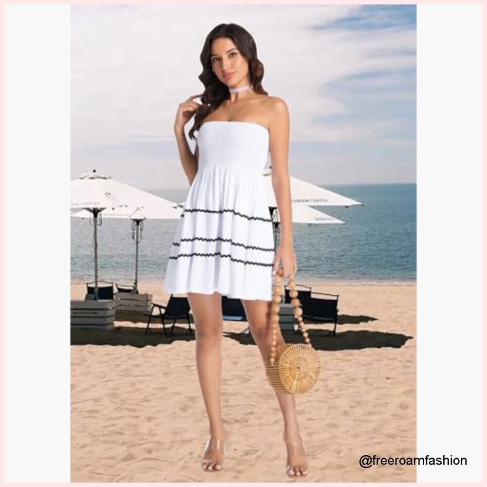 Strapless Mini Dress Fitted Top Flowy Skirt Summer Beach Casual - Picture 4 of 7